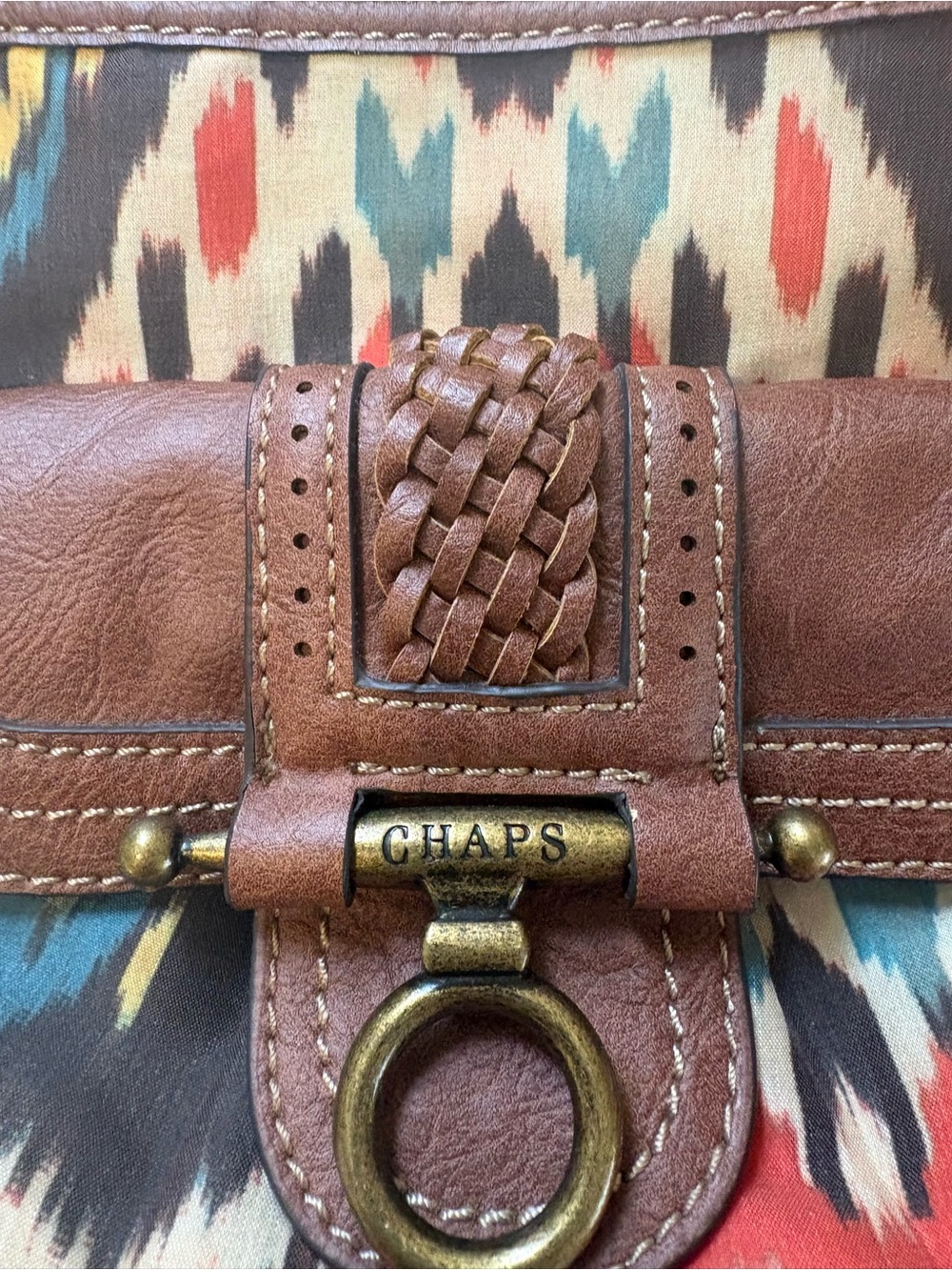 Chaps  Multicolor Boho-Ikat Shoulder purse with Brown Leather accents - Picture 3 of 10